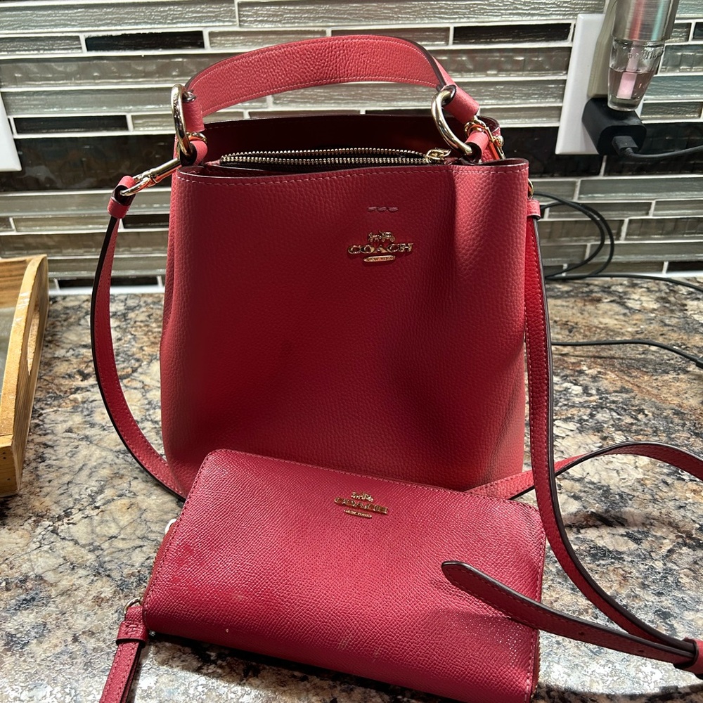 Coach Red Shoulder Bag and Wallet Set
